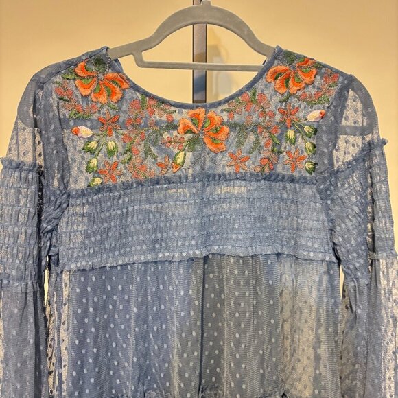 Maeve Anthropologie Samara Embroidered Blue Swiss Dot Smocked Ruffle Dress - Picture 4 of 13